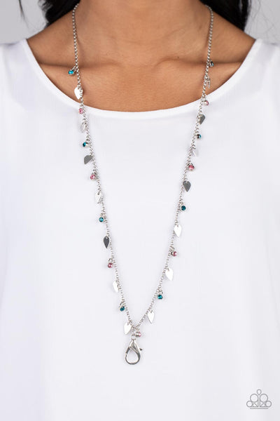 SHARP-EDGED SHIMMER - MULTI PINK AND BLUE RHINESTONE SILVER LANYARD NECKLACE - PAPARAZZI