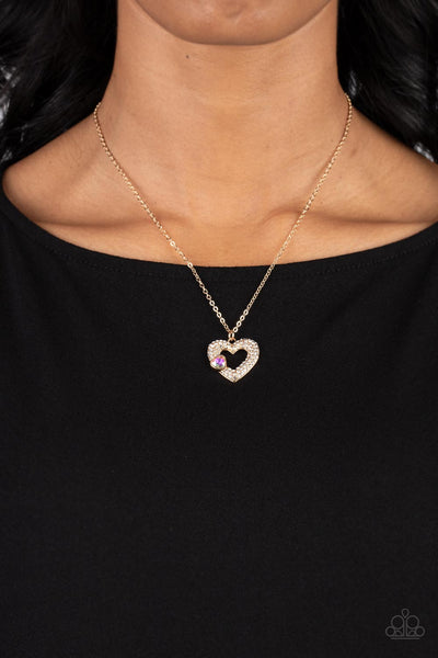 BEDAZZLED BLISS - MULTI IRIDESCENT GEM GOLD HEART NECKLACE - PAPARAZZI