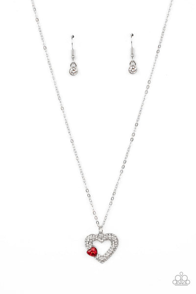 BEDAZZLED BLISS - RED HEART GEM WHITE RHINESTONE SILVER NECKLACE - PAPARAZZI