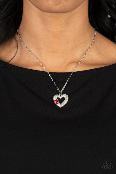 BEDAZZLED BLISS - RED HEART GEM WHITE RHINESTONE SILVER NECKLACE - PAPARAZZI