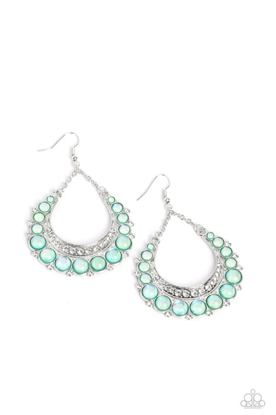BUBBLY BLING - GREEN GLASSY BEAD SILVER TEARDROP EARRINGS - PAPARAZZI