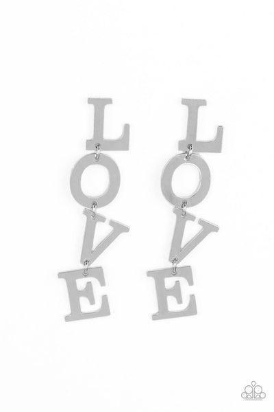 L-O-V-E - SILVER LOVE LETTER POST EARRINGS - PAPARAZZI