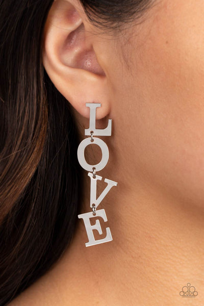 L-O-V-E - SILVER LOVE LETTER POST EARRINGS - PAPARAZZI