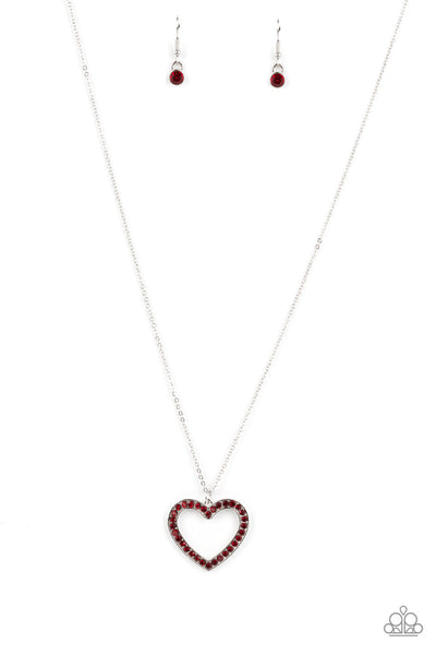 DAINTY DARLING - RED RHINESTONE HEART SILVER NECKLACE - PAPARAZZI