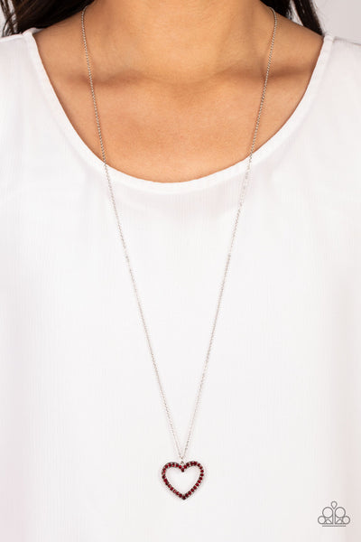 DAINTY DARLING - RED RHINESTONE HEART SILVER NECKLACE - PAPARAZZI