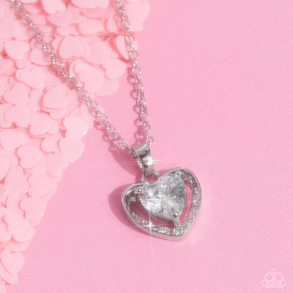 EFFULGENTLY ENGAGED - WHITE RHINESTONE SILVER HEART NECKLACE - PAPARAZZI