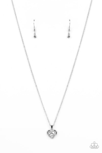 EFFULGENTLY ENGAGED - WHITE RHINESTONE SILVER HEART NECKLACE - PAPARAZZI