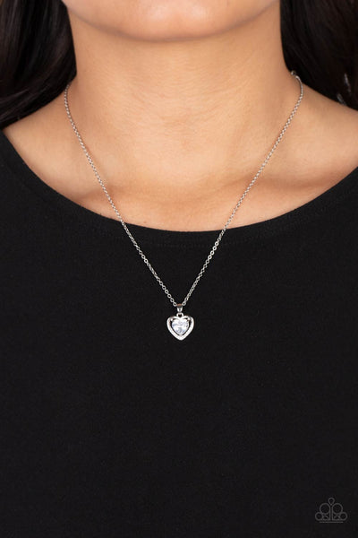 EFFULGENTLY ENGAGED - WHITE RHINESTONE SILVER HEART NECKLACE - PAPARAZZI