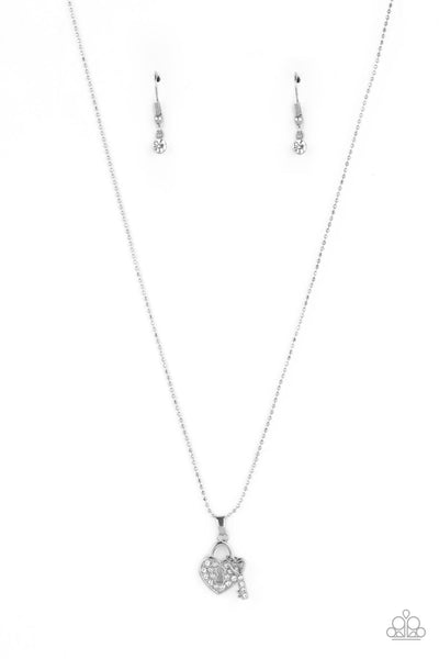 YOU HOLD MY HEART - WHITE RHINESTONE SILVER HEART LOCK AND KEY NECKLACE - PAPARAZZI