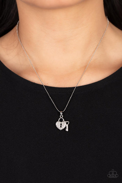 YOU HOLD MY HEART - WHITE RHINESTONE SILVER HEART LOCK AND KEY NECKLACE - PAPARAZZI