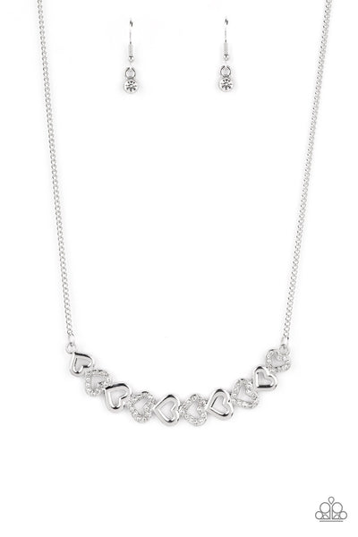 SPARKLY SUITOR - WHITE RHINESTONE SILVER HEART NECKLACE - PAPARAZZI