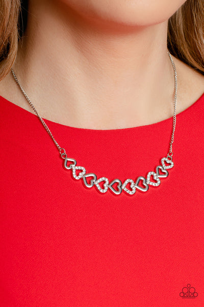 SPARKLY SUITOR - WHITE RHINESTONE SILVER HEART NECKLACE - PAPARAZZI