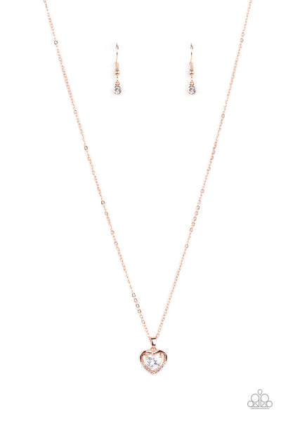 EFFULGENTLY ENGAGED - ROSE GOLD DAINTY WHITE HEART RHINESTONE NECKLACE - PAPARAZZI