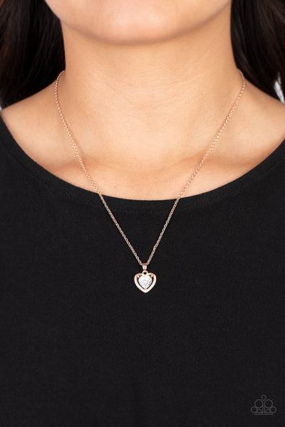 EFFULGENTLY ENGAGED - ROSE GOLD DAINTY WHITE HEART RHINESTONE NECKLACE - PAPARAZZI