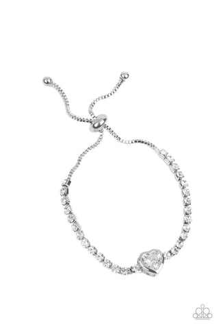 MIRRORED LOVE - WHITE GEM RHINESTONE HEART SILVER SLIDE BRACELET - PAPARAZZI