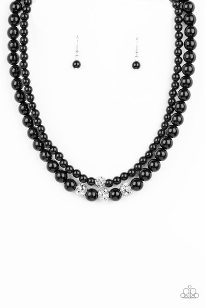 BRILLIANT BALLERINA - BLACK BEAD WHITE RHINESTONE LAYERED NECKLACE - PAPARAZZI