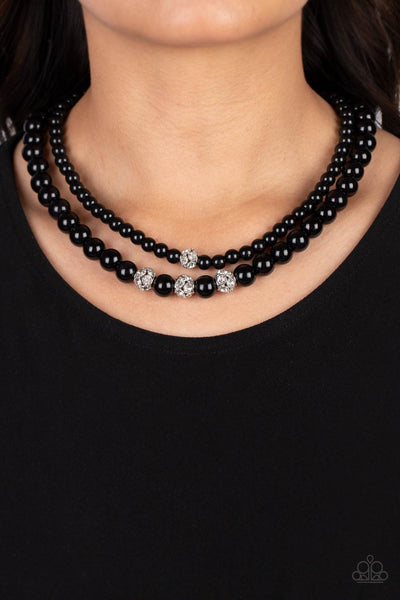 BRILLIANT BALLERINA - BLACK BEAD WHITE RHINESTONE LAYERED NECKLACE - PAPARAZZI