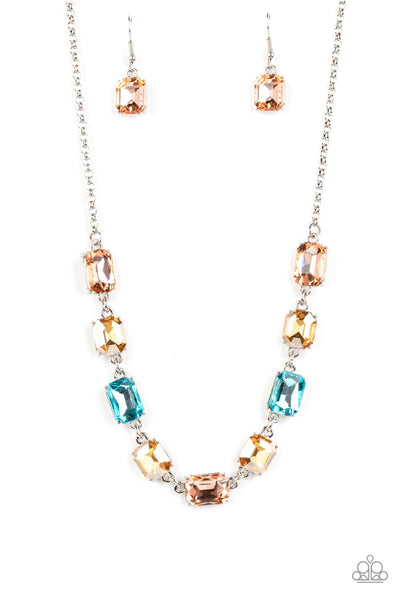 EMERALD ENVY - MULTI ORANGE BLUE AND YELLOW GEM SILVER NECKLACE - PAPARAZZI LIFE OF THE PARTY FEBRUARY 2023