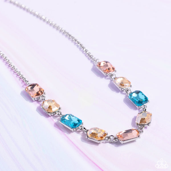 EMERALD ENVY - MULTI ORANGE BLUE AND YELLOW GEM SILVER NECKLACE - PAPARAZZI LIFE OF THE PARTY FEBRUARY 2023