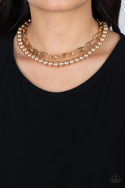SUBURBAN YACHT CLUB - BROWN PEARL GOLD CHAIN LAYERED NECKLACE - PAPARAZZI