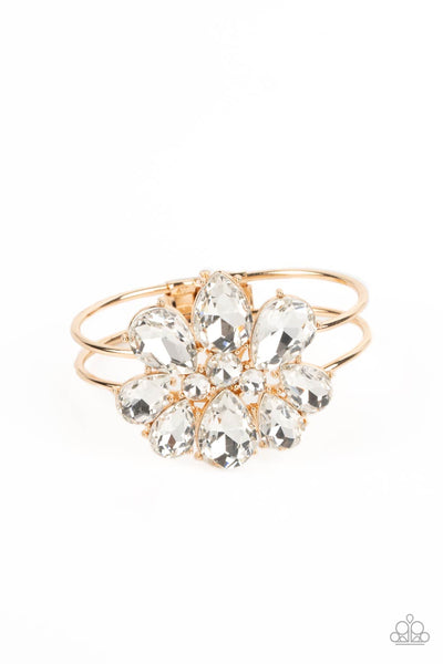 DAUNTLESS IS MORE - GOLD FRAME WHITE GEM FLOWER HINGED BRACELET - PAPARAZZI