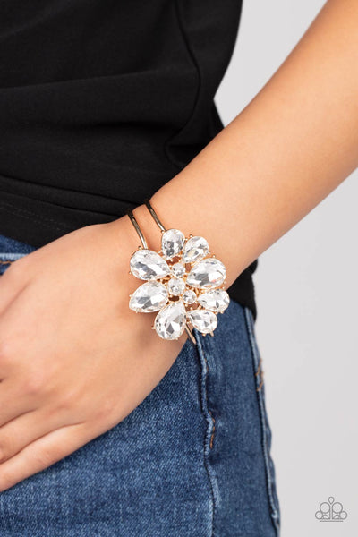 DAUNTLESS IS MORE - GOLD FRAME WHITE GEM FLOWER HINGED BRACELET - PAPARAZZI