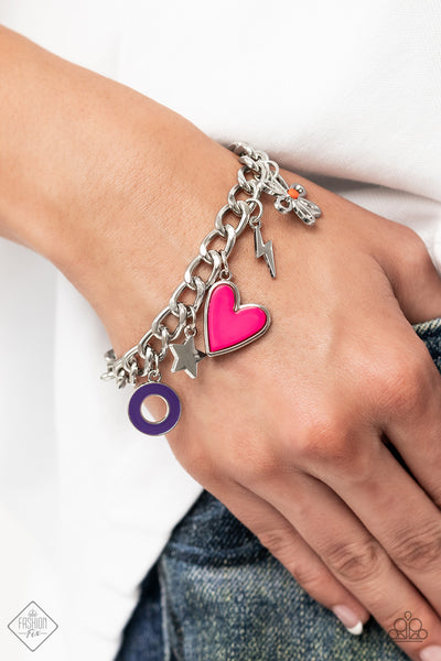 TURN UP THE CHARM - MULTI COLORFUL HEART STAR FLOWER CHARM SILVER BRACELET - PAPARAZZI FASHION FIX SEPTEMBER 2022