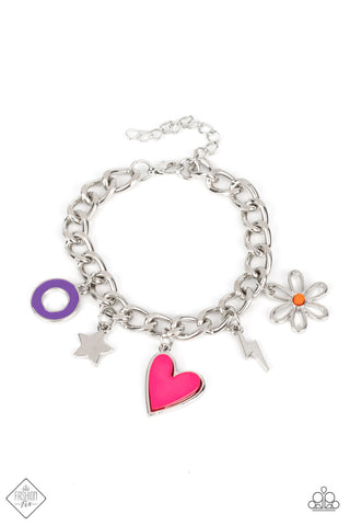 TURN UP THE CHARM - MULTI COLORFUL HEART STAR FLOWER CHARM SILVER BRACELET - PAPARAZZI FASHION FIX SEPTEMBER 2022