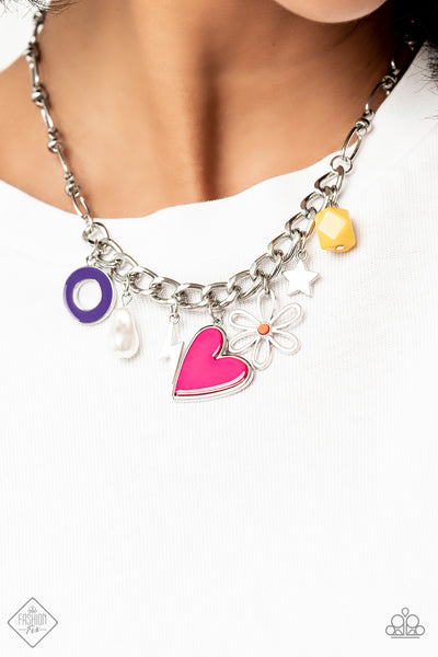 LIVING IN CHARM-ONY - MULTI COLORFUL HEART FLOWER STAR CHARM SILVER NECKLACE - PAPARAZZI FASHION FIX SEPTEMBER 2022