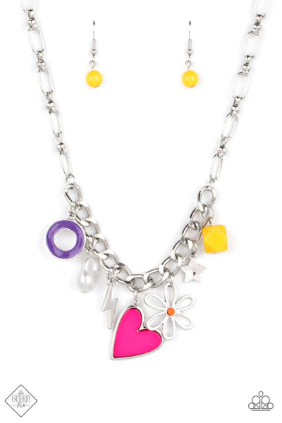 LIVING IN CHARM-ONY - MULTI COLORFUL HEART FLOWER STAR CHARM SILVER NECKLACE - PAPARAZZI FASHION FIX SEPTEMBER 2022
