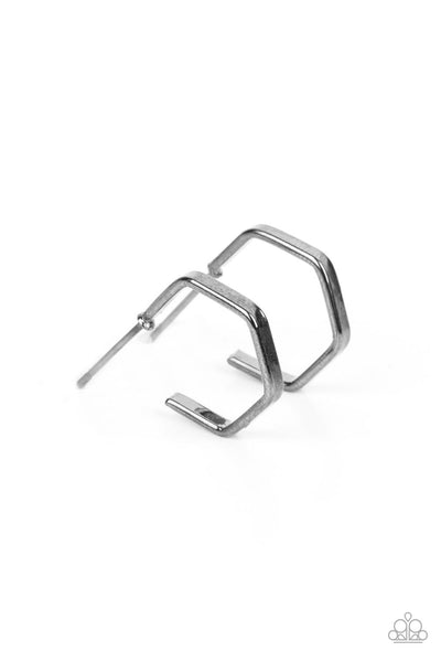 HAUTE HEXAGONS -BLACK GUNMETAL TINY HEX HOOP EARRINGS - PAPARAZZI