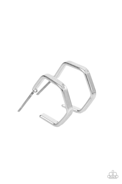 HAUTE HEXAGONS - SILVER TINY HEX HOOP EARRINGS - PAPARAZZI