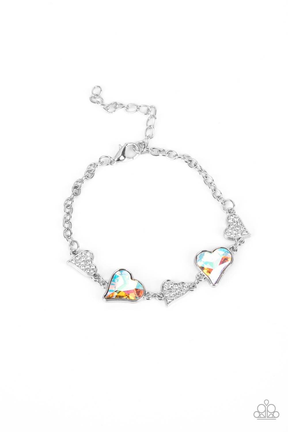 CLUELESSLY CRUSHING - MULTI IRIDESCENT AND WHITE RHINESTONE HEART SILVER BRACELET - PAPARAZZI