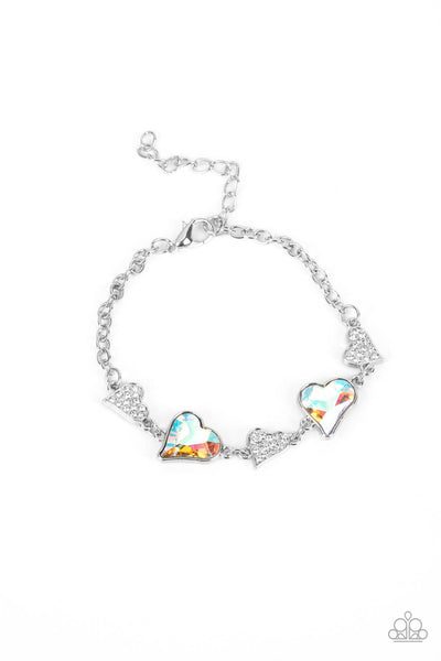 CLUELESSLY CRUSHING - MULTI IRIDESCENT AND WHITE RHINESTONE HEART SILVER BRACELET - PAPARAZZI