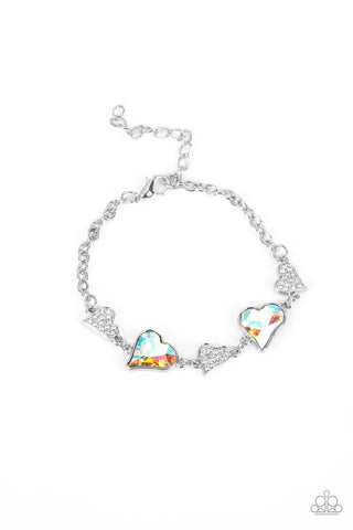 CLUELESSLY CRUSHING - MULTI IRIDESCENT AND WHITE RHINESTONE HEART SILVER BRACELET - PAPARAZZI