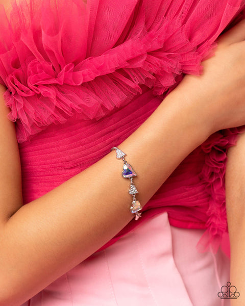 CLUELESSLY CRUSHING - MULTI IRIDESCENT AND WHITE RHINESTONE HEART SILVER BRACELET - PAPARAZZI
