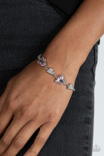 CLUELESSLY CRUSHING - PINK GEM WHITE RHINESTONE HEART SILVER BRACELET - PAPARAZZI