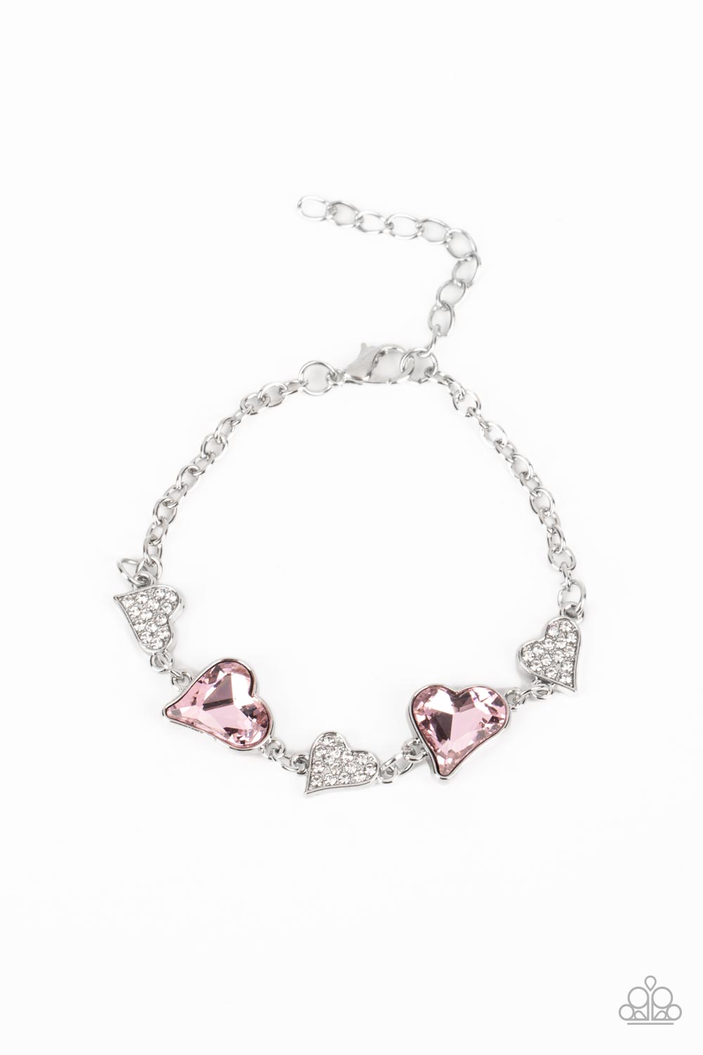 CLUELESSLY CRUSHING - PINK GEM WHITE RHINESTONE HEART SILVER BRACELET - PAPARAZZI