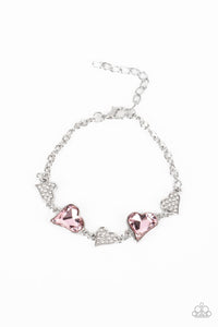 CLUELESSLY CRUSHING - PINK GEM WHITE RHINESTONE HEART SILVER BRACELET - PAPARAZZI