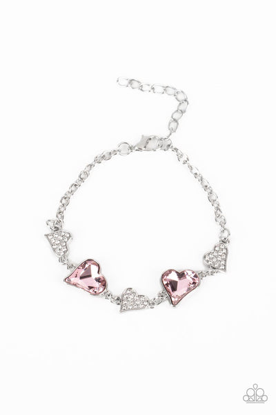 CLUELESSLY CRUSHING - PINK GEM WHITE RHINESTONE HEART SILVER BRACELET - PAPARAZZI