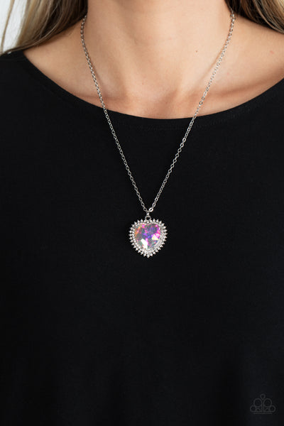 SWEETHEARTS STROLL - MULTI IRIDESCENT GEM HEART SILVER NECKLACE - PAPARAZZI