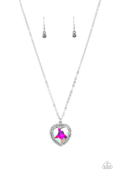 SWEETHEARTS STROLL - MULTI IRIDESCENT GEM HEART SILVER NECKLACE - PAPARAZZI