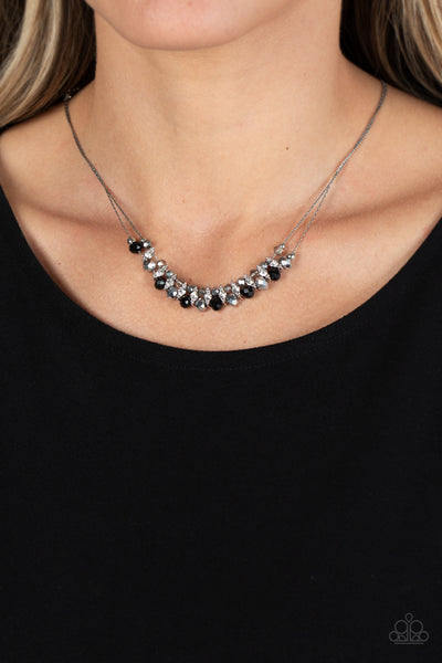 SHIMMERING HIGH SOCIETY - BLACK WHITE SMOKY BEAD SILVER NECKLACE - PAPARAZZI