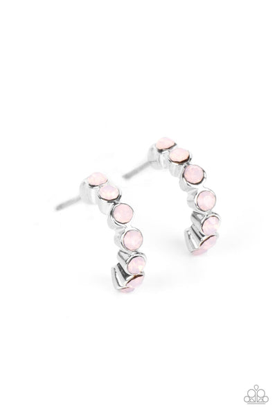 CAREFREE COUTURE - PINK OPALESCENT RHINESTONE SILVER TINY HOOP EARRINGS - PAPARAZZI