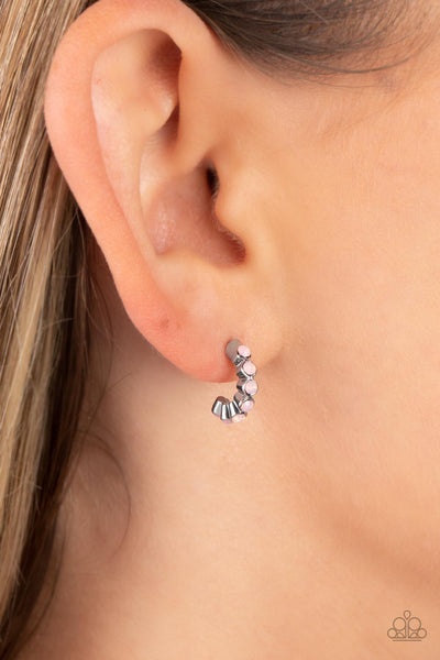 CAREFREE COUTURE - PINK OPALESCENT RHINESTONE SILVER TINY HOOP EARRINGS - PAPARAZZI
