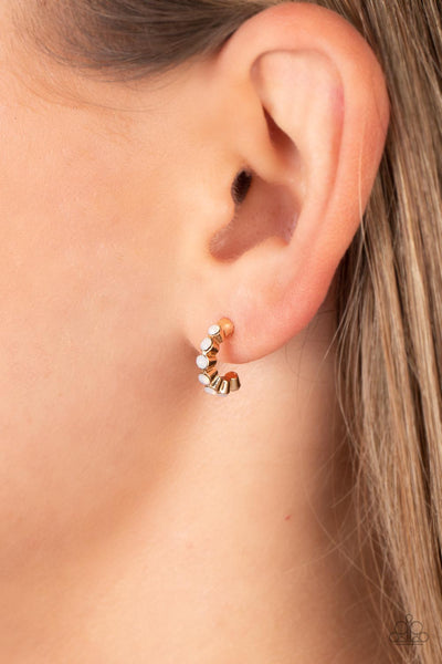 CAREFREE COUTURE - GOLD OPALESCENT RHINESTONE TINY HOOP EARRINGS - PAPARAZZI