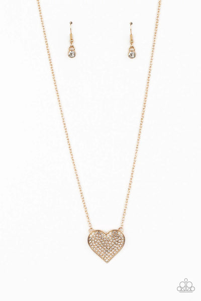 SPELLBINDING SWEETHEART - GOLD WHITE RHINESTONE HEART NECKLACE - PAPARAZZI