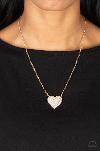 SPELLBINDING SWEETHEART - GOLD WHITE RHINESTONE HEART NECKLACE - PAPARAZZI