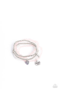 TEENAGE DREAMER - PINK AND SILVER BEAD IRIDESCENT SILVER HEART "DREAM BIG" STRETCHY BRACELET - PAPARAZZI