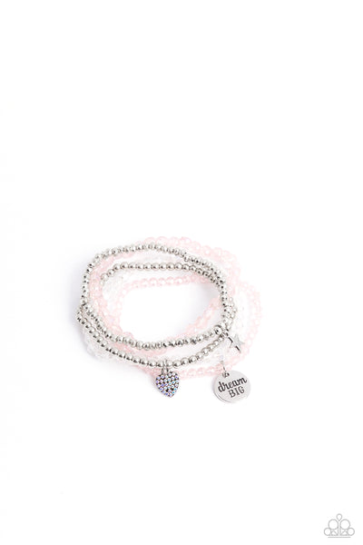 TEENAGE DREAMER - PINK AND SILVER BEAD IRIDESCENT SILVER HEART "DREAM BIG" STRETCHY BRACELET - PAPARAZZI